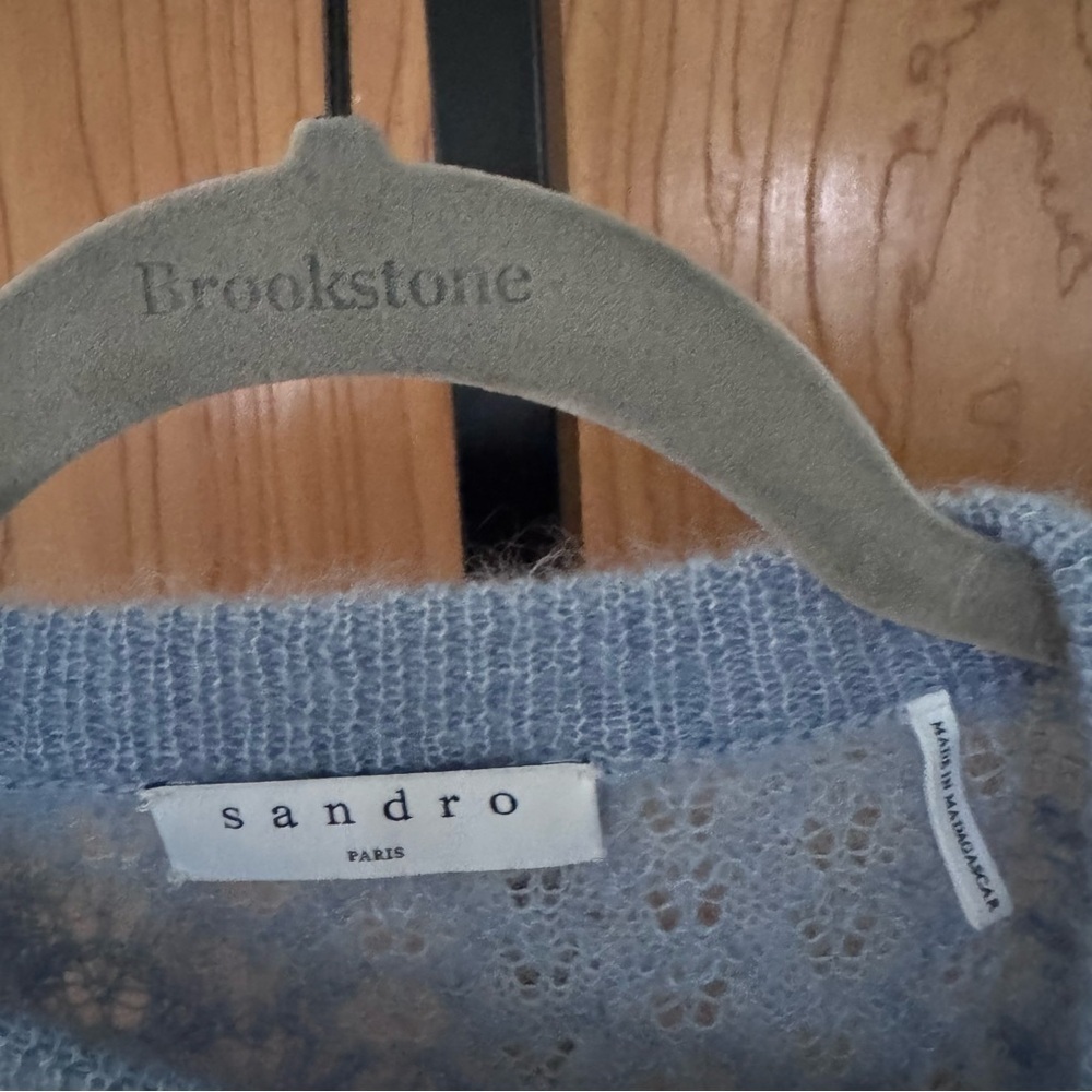 Sandro Pointelle Decorative Mohair Silk Blue open Knit sweater size small - Picture 5 of 10